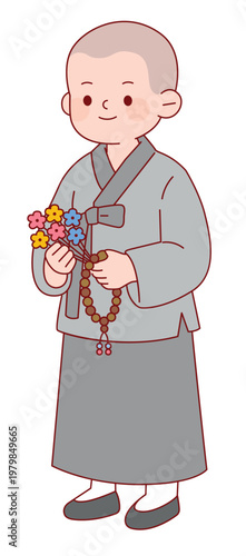 분홍 연꽃을 소중하게 들고 미소 짓는 귀여운 동자승 캐릭터, 석가탄신일 및 사찰 행사용 불교 일러스트 Cute Little Novice Monk Character Holding a Pink Lotus Flower with Care, Buddhist Illustration for Vesak Day and Temple Events