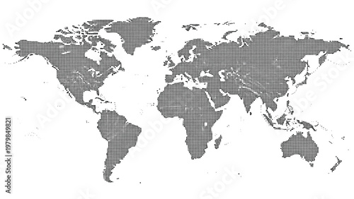 Detailed world map composed of tiny black and white squares creates a digital and global connectivity visualization for international data.