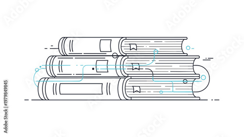 Stack of books integrated with blue digital circuit patterns represents the intersection of traditional knowledge and modern technology.
