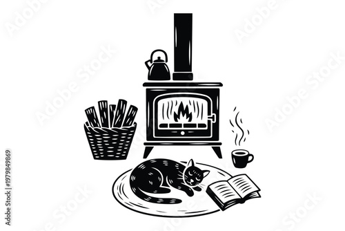Black and white of a cat sleeping by a warm fireplace with books and tea