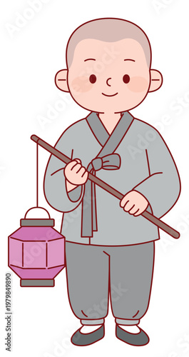 분홍색 연등을 들고 미소 짓는 귀여운 동자승 캐릭터, 석가탄신일 및 불교 행사용 축제 일러스트 Cute Little Novice Monk Character Holding a Pink Lantern and Smiling, Buddhist Festival Illustration for Vesak Day