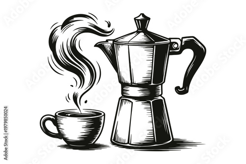 Black and white of a vintage coffee maker with steam rising from a small cup coffee cup