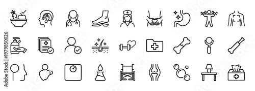 Medical and patient care thin line icon set in minimalist black and white style
