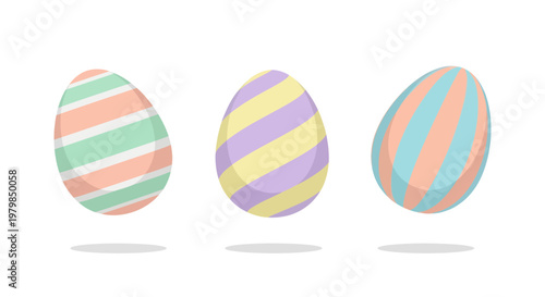 Colorful Easter Eggs with Stripes, Isolated on White Background
