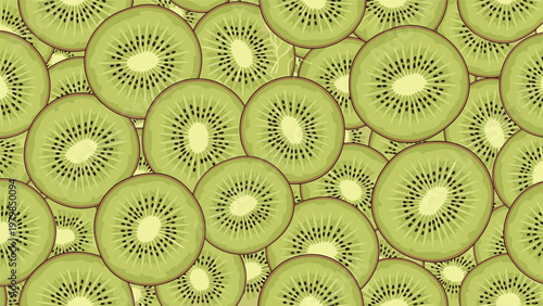 Vibrant seamless pattern featuring overlapping kiwi fruit slices with green flesh and black seeds creates a fresh food background.