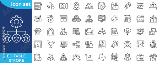 Event planning line editable icon set. Editable stroke. Contain icons related to event organization, celebration, party, wedding, management, and more.