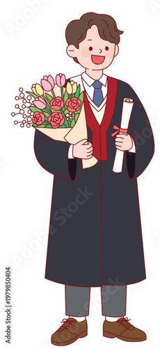꽃다발과 졸업증서를 들고 행복하게 미소 짓는 남학생 캐릭터, 졸업식 전신 일러스트 Male Student Character Holding Flower Bouquet and Diploma, Smiling at Graduation Ceremony, Full Body Illustration