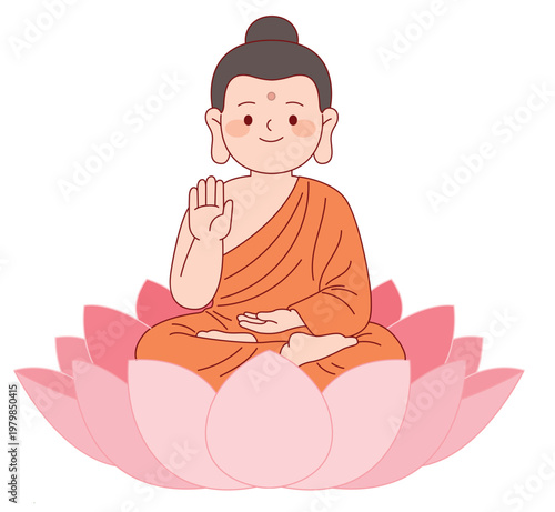 분홍 연꽃 위에 앉아 있는 부처님 캐릭터 일러스트, 석가탄신일 및 불교 관련 교육용 디자인 Buddha Character Sitting on Pink Lotus Flower Illustration, Buddhist Design Element for Vesak Day and Meditation