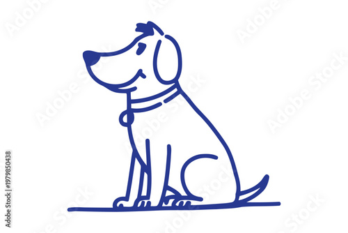 Blue line of a sitting dog with collar blue line dog animal