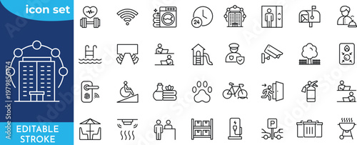 Building Amenities line editable icon set. Editable stroke. Containing Building, Facilities, elevator, security, reception, parking, gym and more.