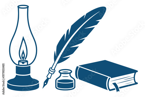 Blue set featuring an old-fashioned oil lamp a feather quill pen ink bottle and a closed book vintage