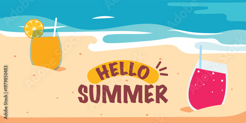 Hello Summer Beach Illustration with Tropical Drinks