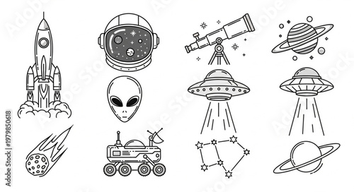 Space exploration and alien encounter icons set.