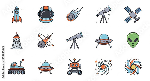 Space exploration and alien icons collection.