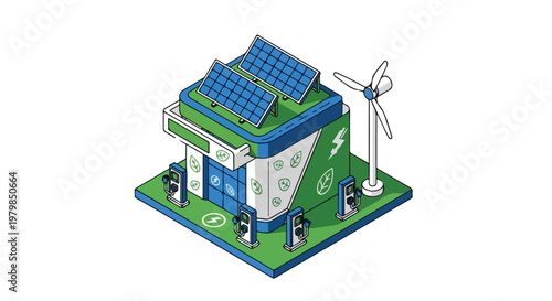 An isometric vector illustration showcasing a sustainable electric vehicle charging station powered by solar panels and a wind turbine.
