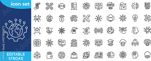 Digital Transformation line editable icon set. Editable stroke. Contain icons related to digitalization, digital services, internet, cloud computing, technology, and more.