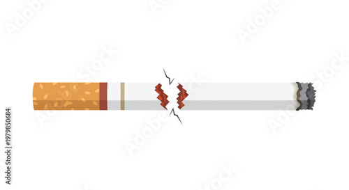 Broken cigarette with crack and smoke on white background symbolizing quitting smoking