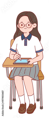 책상에 앉아 태블릿으로 공부하는 여학생 캐릭터, 스마트 교육 및 학교 생활 일러스트 School Girl Character Studying with Tablet at Desk, Smart Education and School Life Illustration in Full Body