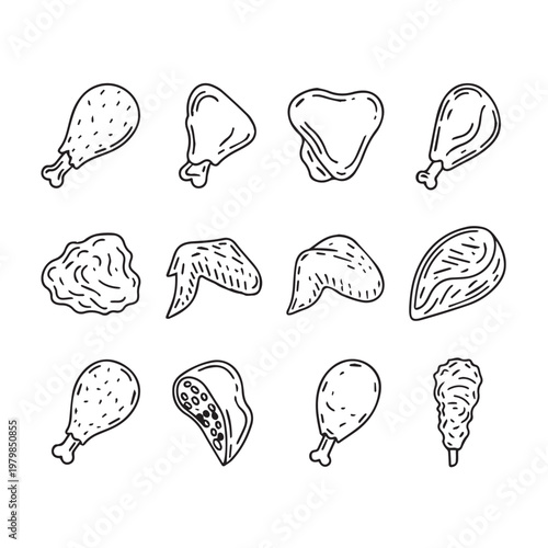 Various Hand Drawn Chicken Pieces and Cuts Line Art Icon Collection