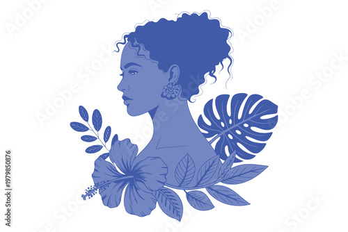 Silhouette of a woman with curly hair surrounded by tropical flowers and leaves in blue female profile