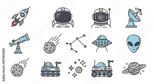 Space exploration and alien life icons collection.