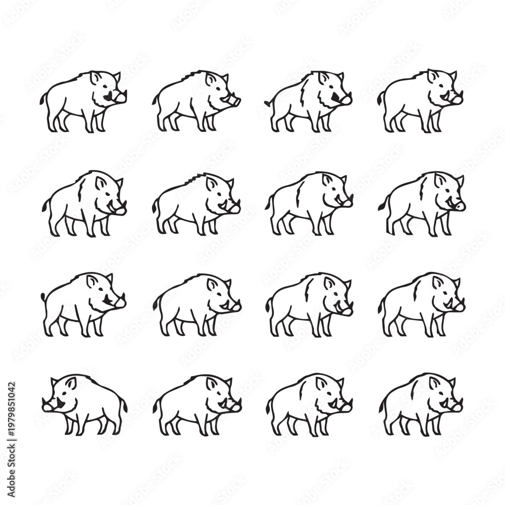 Fototapeta premium Wild Boar Line Art Collection Simple Vector Illustrations of Animals in Various Poses Graphic Design Element