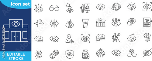 Ophthalmology line editable icon set. Editable stroke. Contain icons related to medical eye care, optometry, vision correction, and more.