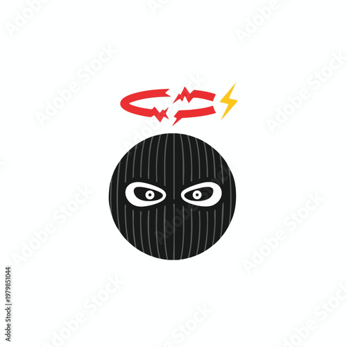 Illustration of a masked individual with a hacked computer symbol above their head