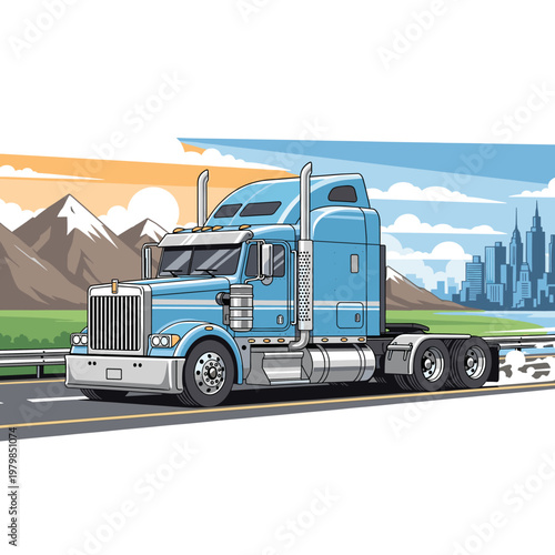 A vibrant illustration of a blue semi-truck driving on a highway with mountains and a city skyline in the background.