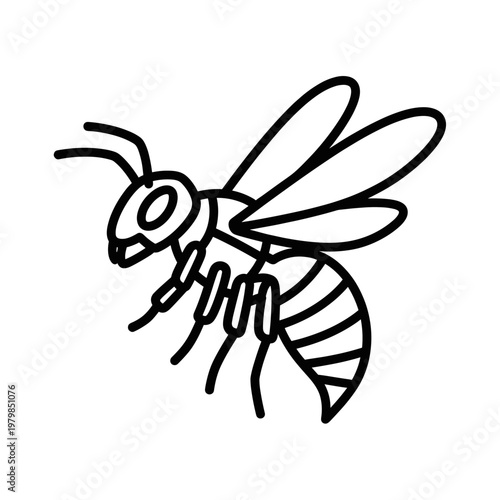 Simple black and white line art drawing of a flying bee or wasp with striped body and wings.
