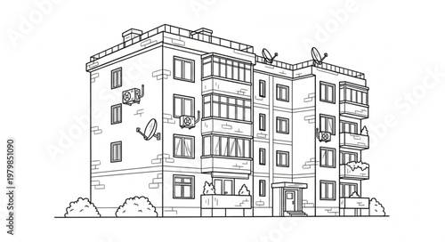 Sketch of a multi story apartment building with balconies.