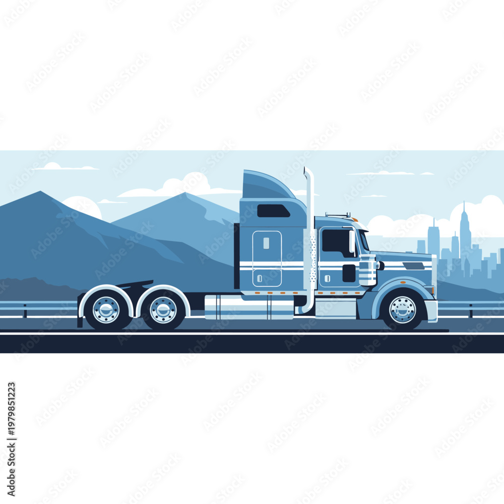 Obraz premium A blue semi-truck tractor unit driving on a highway with mountains and a city skyline in the background, depicted in a flat vector art style.
