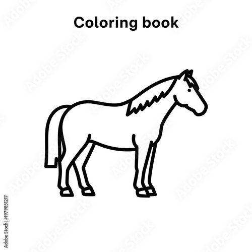 A simple black and white line drawing of a horse standing still, suitable for a coloring book.