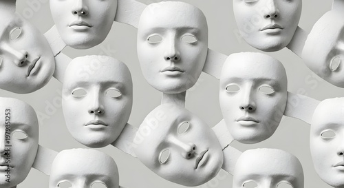 A collage of white masks with different expressions and emotions