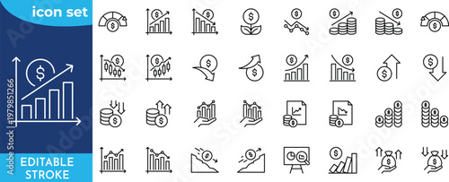 profit and loss icon set. Editable stroke. Contain icons related to increase, decrease, graph, profit and loss statement, and more.