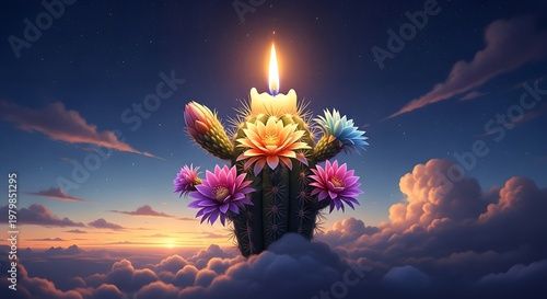 Celestial Cactus Bloom A Candlelit Spectacle Amongst the Clouds