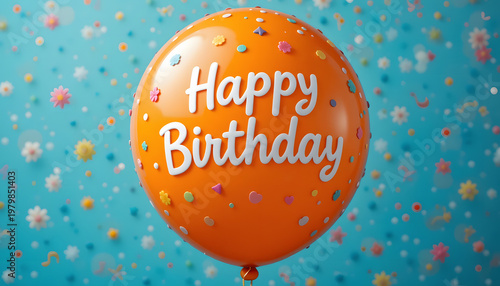 Orange Happy Birthday Balloon on  Blue Background