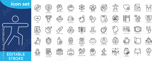 Healthy & Fitness line editable icon set. Editable stroke. Contain icons related to Healty lifestyle, fitness, sport, nourishment, and more.