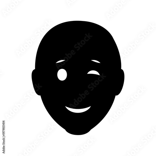 Black smiling face icon, winking emoticon, vector silhouette, flat design