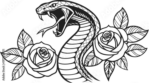 Vintage snake and rose tattoo engraving vector illustration. A highly detailed black and white vector illustration of a fierce cobra snake coiled in an elegant S-shape, with its hood raised, mouth ope