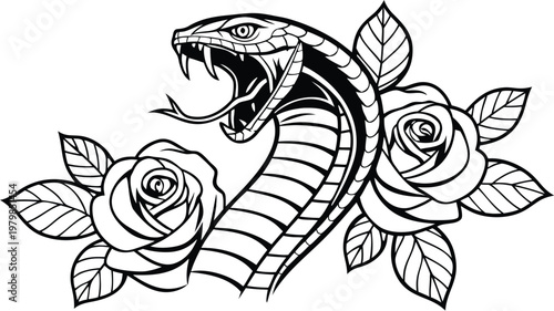 Vintage snake and rose tattoo engraving vector illustration. A highly detailed black and white vector illustration of a fierce cobra snake coiled in an elegant S-shape, with its hood raised, mouth ope