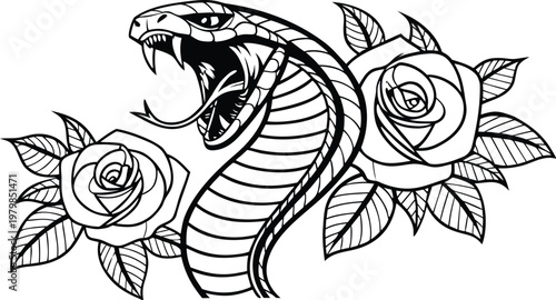 Vintage snake and rose tattoo engraving vector illustration. A highly detailed black and white vector illustration of a fierce cobra snake coiled in an elegant S-shape, with its hood raised, mouth ope