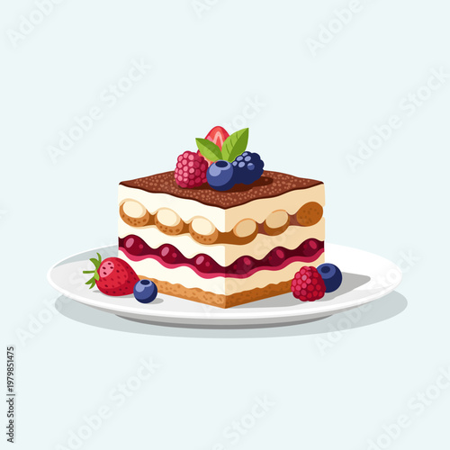 A delicious slice of layered berry tiramisu dessert with fresh fruit on a white plate, presented as a vector illustration.