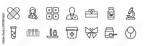 Minimalist pharmacy and medical line icons set for healthcare design