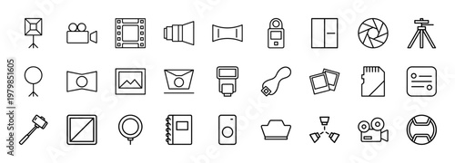 Minimalist photography and film equipment line icon set
