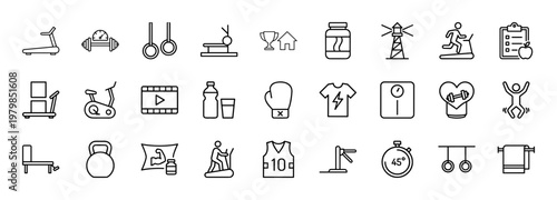 Gym and physical fitness minimalist outline icon set