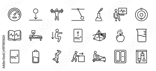 Physics and science line icon set with atom, magnet and laboratory symbols