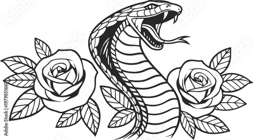 Vintage snake and rose tattoo engraving vector illustration. A highly detailed black and white vector illustration of a fierce cobra snake coiled in an elegant S-shape, with its hood raised, mouth ope