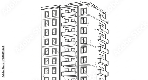 Sketch of a tall apartment building with balconies.