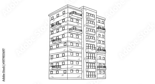 Sketch of a tall apartment building with many windows and balconies.